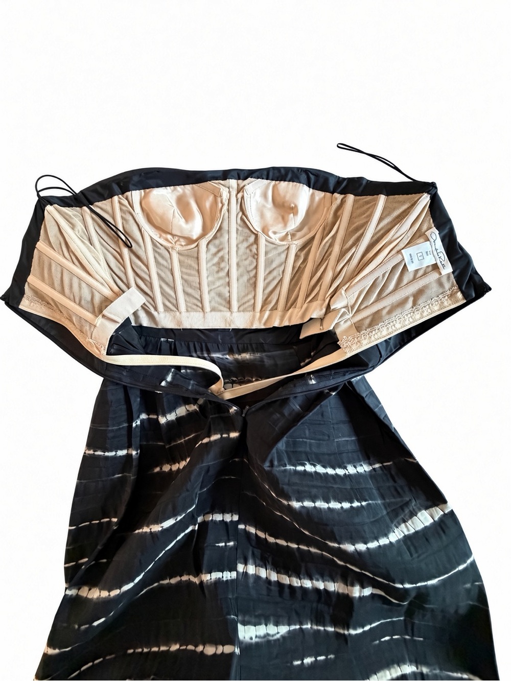 Oscar de la Renta Strapless Black and Cream Tie-Dye Midi Dress - Picture 5 of 10
